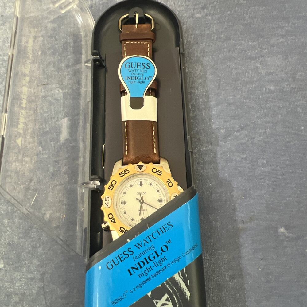 GUESS Indiglo Vintage Quartz Analog Watch White Dial Gold Bezel Brown Leather